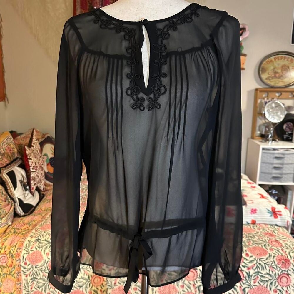 LOFT Sheer Black Whimsigoth Tunic Embroidered Layering Blouse